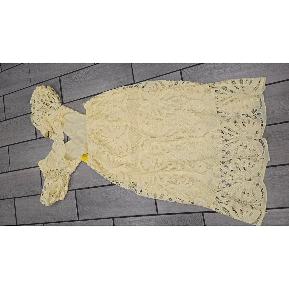 Yellow Guipure Lace Cut Out Maxi Dress Puff Sleeve Open Back V- Neck XL
